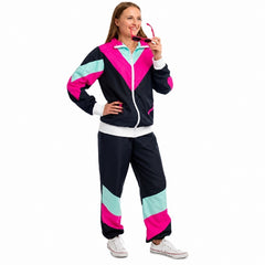 Women's colourful 80s track suit costume with retro shell suit styling