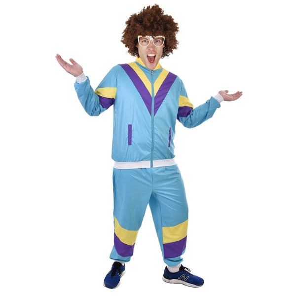 80's Tracksuit and Pants, blue with purple and yellow stripes great for 80's theme events

