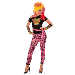80s Wild Child Zebra Print Costume - Dr Toms, pink zebra print leggings, black top, fishnet gloves, hair tie.