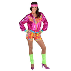 Womens 80s neon tracksuit costume with retro workout styling