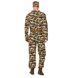 Camo suit mens costume, jumpsuit belt and cap.
