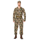 Camo suit mens costume, jumpsuit with belt and cap.