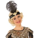 Gold Flapper Costume for adults, included is a stretch sequin headband with black feather and accent detail as feature.