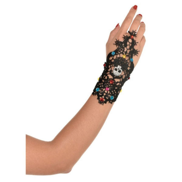 Day of the Dead Bracelet with Ring, black lace embellished with colourful diamantas.