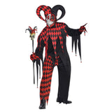 Krazed Jester Adult Costume in black, and black and red diamond print shirt, trousers, gloves mask and hat.