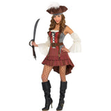 castaway pirate womens costume, short at front and longer length at back, brown and grey corset style dress.