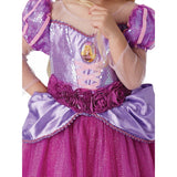 Rapunzel Premium Costume-Child, full length gown with fabric flowers at waist on sequin lavender bodice and peplum.