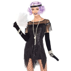 Foxtrot Flirt Flapper costume by Leg Avenue featuring a black beaded 1920s dress front view