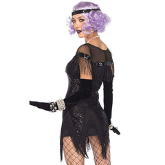 Foxtrot Flirt Flapper Dress, with sheer net upper bodice and cap sleeve with sequin fabric and diagonal fringing.