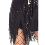 Foxtrot Flirt Flapper Dress, with sheer net upper bodice and cap sleeve with sequin fabric and diagonal fringing. This costume is on the shorter style and ideal for younger people.
