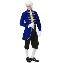 Person wearing a blue colonial-style costume with a tricorn hat on a white background