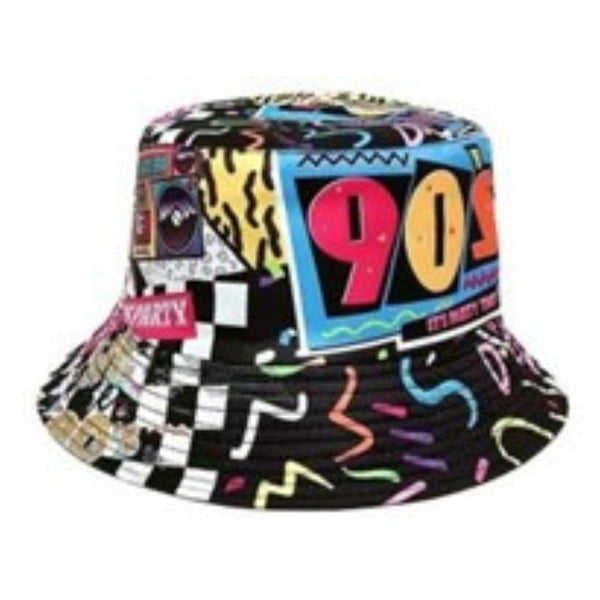 Colourful 90s bucket hat with retro print