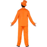 Back view of the 90s Orange Stupid Tuxedo Costume featuring a bright orange jacket with an orange satin lapel, matching pants, and a foldable top hat.