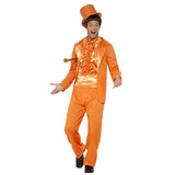 90s Orange Stupid Tuxedo Costume showing the bright orange jacket and pants, frilly mock shirt front, and foldable top hat. A bold and playful retro outfit.