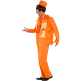 Side view of the 90s Orange Stupid Tuxedo Costume showing the bright orange jacket and pants, frilly mock shirt front, and foldable top hat. A bold and playful retro outfit.