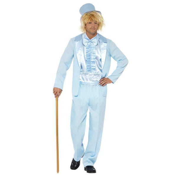 90s Stupid Tuxedo Costume - Blue, jacket, pants, frilly blue shirt front and fabric top hat.