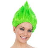 Green 90’s troll wig with tall pointed hair for retro dress-up, wig parties, or Book Week costumes