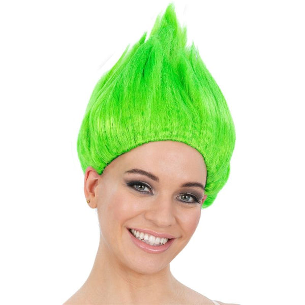 Green 90’s troll wig with tall pointed hair for retro dress-up, wig parties, or Book Week costumes