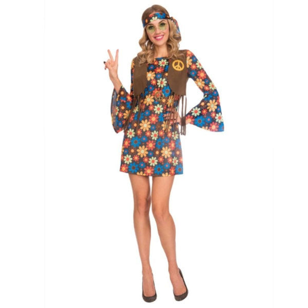 1960's groovy hippie woman costume in floral print with brown attached vest.