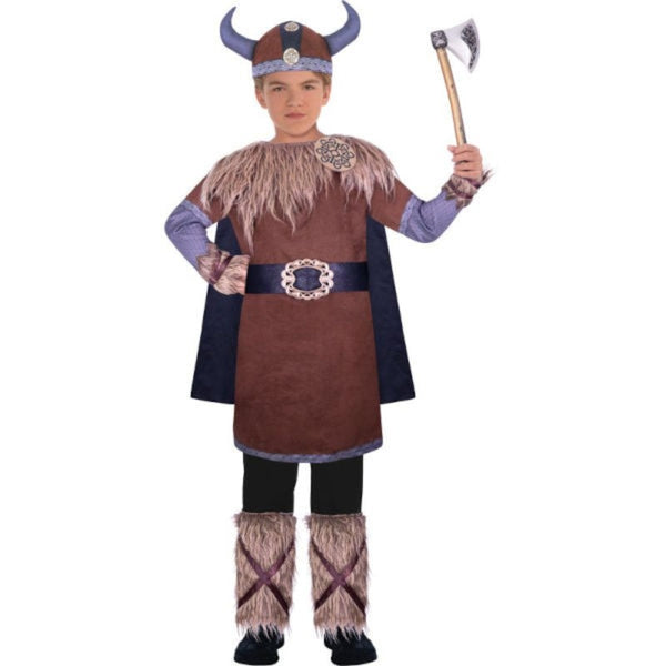wild viking warrior child costume in brown tunic with fur trim and fur leg guards and hat.