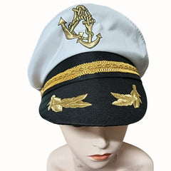 White admiral-style captain hat with a black brim, gold anchor design on top, gold leaf detailing on the brim, and gold trim on the hatband, displayed on a mannequin.
