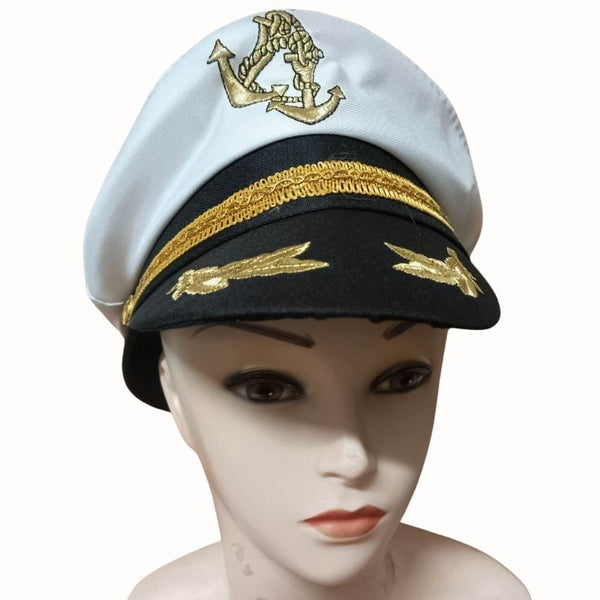 White admiral-style captain hat with a black brim, gold anchor design on top, gold leaf detailing on the brim, and gold trim on the hatband, displayed on a mannequin.