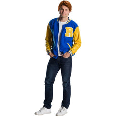 Archie Andrews Riverdale costume with blue and yellow varsity-style outfit