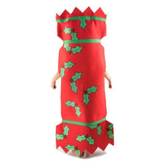 Foam christmas cracker in the shape of cracker covers from head to toes, red with holly images back and front.