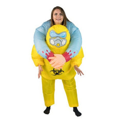 Adults inflatable biohazard costume, yellow suit with blue sleeves and fake hands.