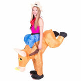 Inflatable bull rider adult costume sits at the waist and the bull is kicking up its heals.