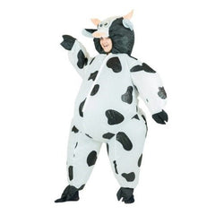 Inflatable Cow Adult Costume, covers head to toe, white with black spots, face is showing in cow head.