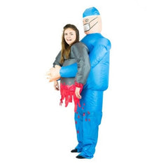 Inflatable doctor adult costume, lift me up with doctor in scrubs holding a half torso.
