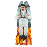 Inflatable Jet Pack Costume, white jumpsuit, with attached rocket with flames coming from the back.t