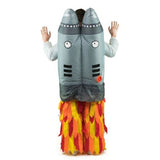 Inflatable jet pack costume, white jumpsuit with double rocket and flames at the back.