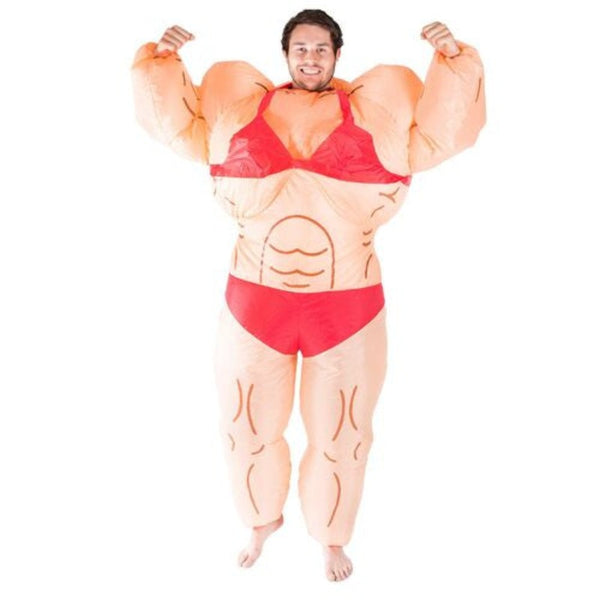 Inflatable musclewoman adult costume, with printed red bikine and muscles.