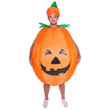 Inflatable pumpkin halloween costume, round with face on front, hat with stalk.