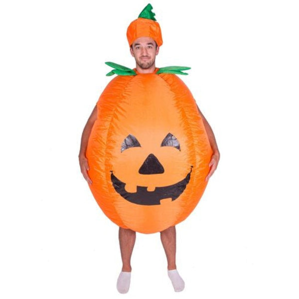 Inflatable pumpkin halloween costume, round with face on front, hat with stalk.