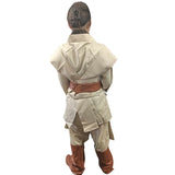 Back view of person wearing the Space Knight costume without the brown robe, showcasing the belt and tunic details, against a white background