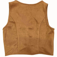 Tan caramel brown suede-look cowgirl vest featuring studded tassels across the bust and a front tie closure, against a white background.