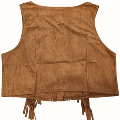 Front view of a cropped brown suede-look western vest featuring long fringe from chest to waist, two-button closure, and white embroidered details from collarbone to waist, against a white background