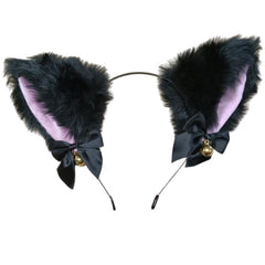 Black faux fur cat ears with pink inner fabric on metal headband. bottom of ears have small, black ribbon bows with gold, round bells. on a white background.