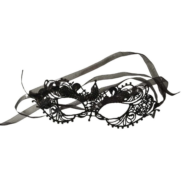 Black lace masquerade mask featuring intricate lace details and ribbon ties for secure wearing, against a white background