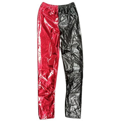 Black and red metallic harlequin tights, one leg red and one leg black, displayed on a white background.