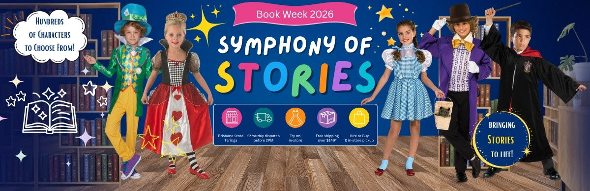Promotional banner for 'Symphony of Stories' Book Week 2026 event with children in costumes on a wooden floor.