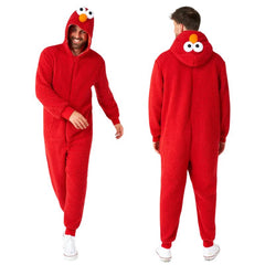 elmo onesie by Opposuits, red furry jumpsuit with printed inside hood lining and elmo face. Size runs very small, recommend going up a size.