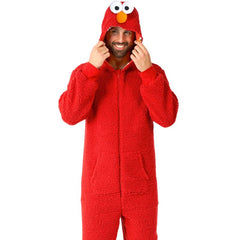 elmo onesie by Opposuits, red furry jumpsuit with printed inside hood lining and elmo face. Size runs very small, recommend going up a size.