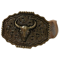 Four Western belts with bold buckles, curled up to show off their designs: two tan belts with black details (Silver Horse Buckle and Bronze Bull Buckle) and two black belts with black details (Silver Bull Buckle and Blue Bull Buckle), all featuring prominent buckles, against a white background