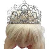 Bubble style silver metal tiara worn on a mannequin with a blonde wig, showcasing the round bubble designs, starburst shapes, and rhinestone details, against a white background.