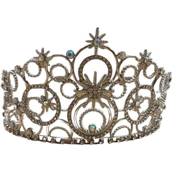 Silver metal tiara featuring round bubble designs with starburst shapes, adorned with iridescent and silver diamontes and rhinestones, against a white background