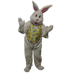 Full-body Bunny Rabbit Mascot Costume, featuring white fur, pink inner ears, pink nose, black eyes, and a pink/red open mouth. The costume includes a vest with an Easter egg print. Posed standing with hands out to the sides against a white background.